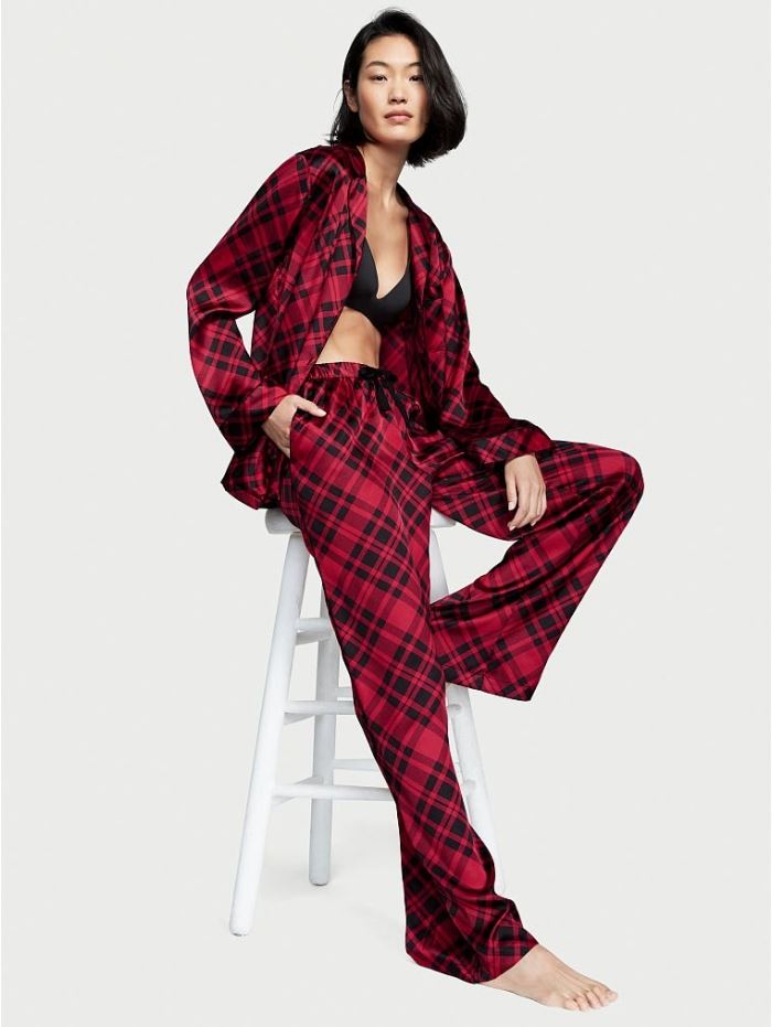 Атласна Піжама Victoria's Secret Long PJ Set, Червона клітинка