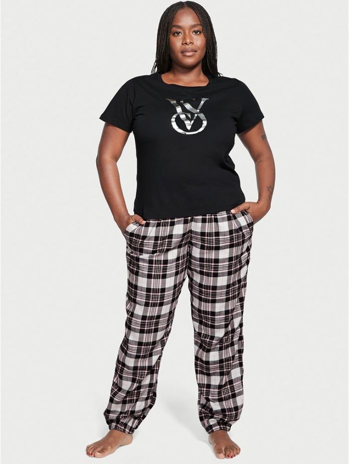 ПІЖАМА VICTORIA’S SECRET FLANNEL TEE-JAMA SET, ЧОРНА КЛІТИНКА