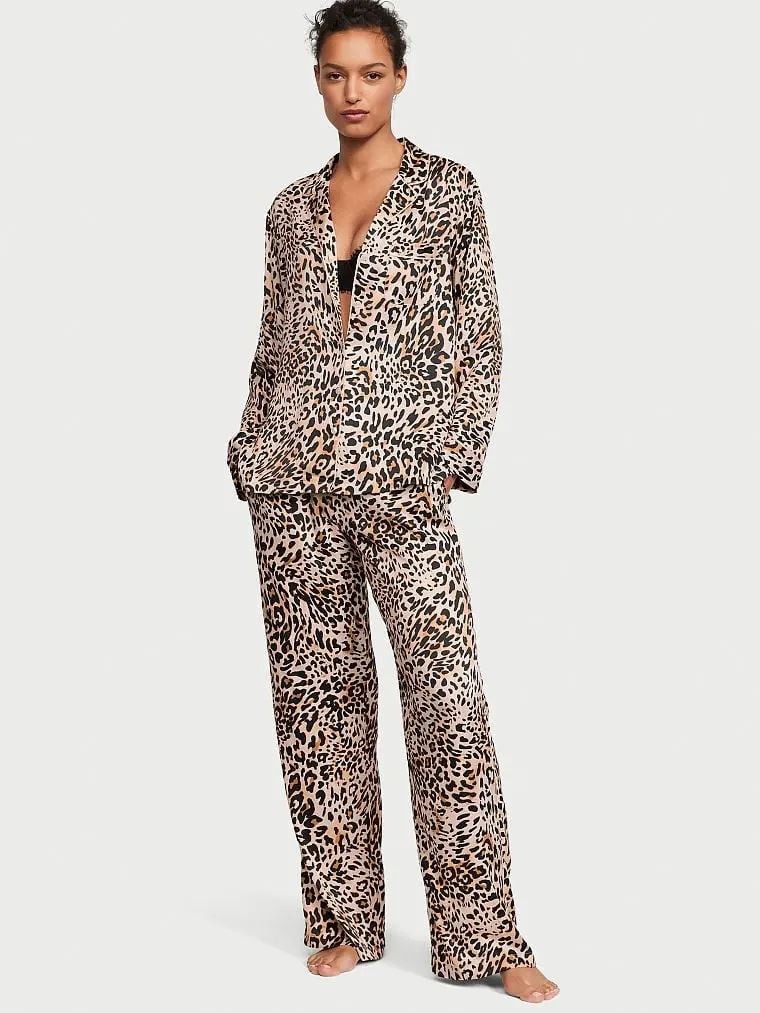 Сатинова піжама Satin Long Pajama Set Wavy Leopard Victoria's Secret
