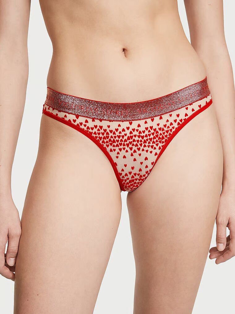 Трусики VICTORIA'S SECRET COTTON Logo Flocked Mesh Thong Panty