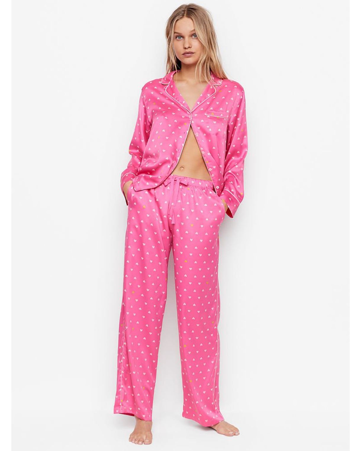 Сатинова піжама VICTORIA’S SECRET THE SATIN LONG PJ SET pink with heart’s
