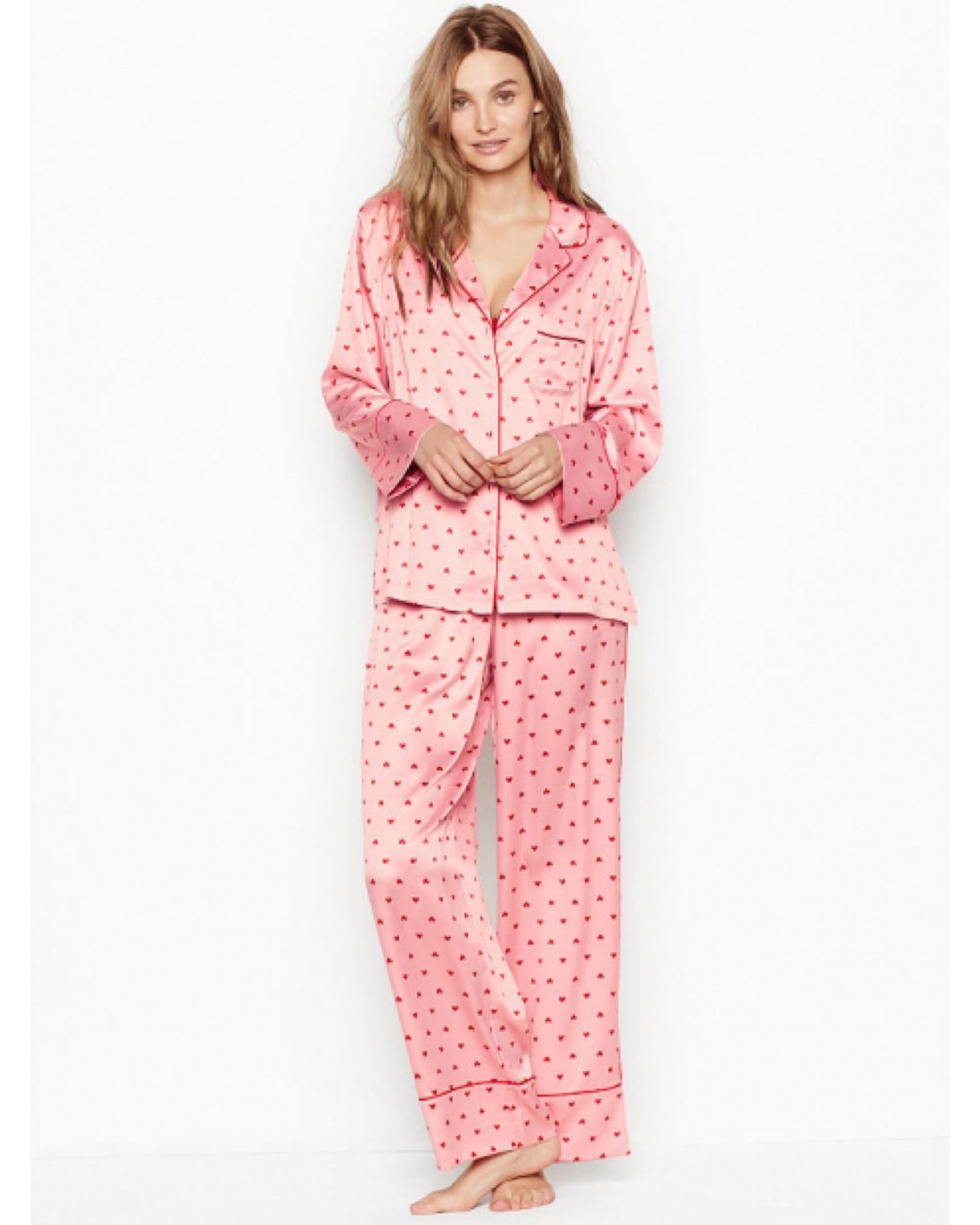Сатинова піжама VICTORIA’S SECRET SATIN LONG PJ SET PINK WITH RED HEARTS