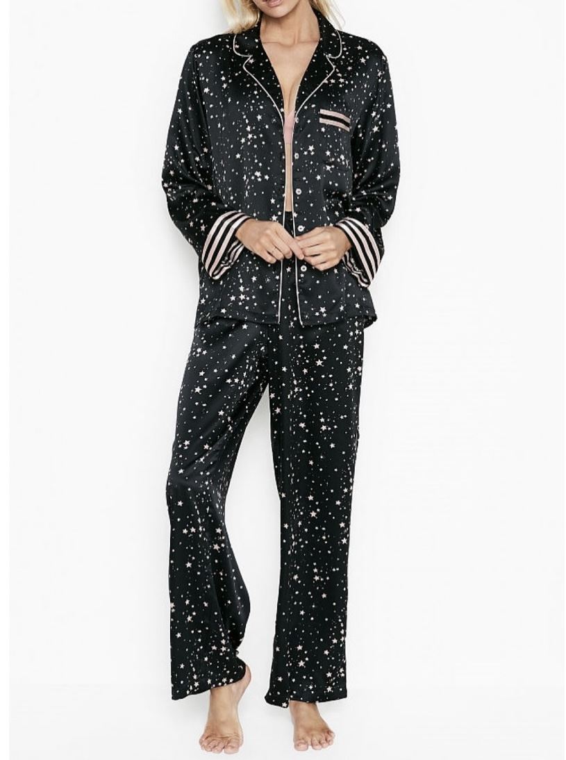 Сатинова піжама VICTORIAS SECRET SATIN LONG PJ SET PRINT BLACK STARS