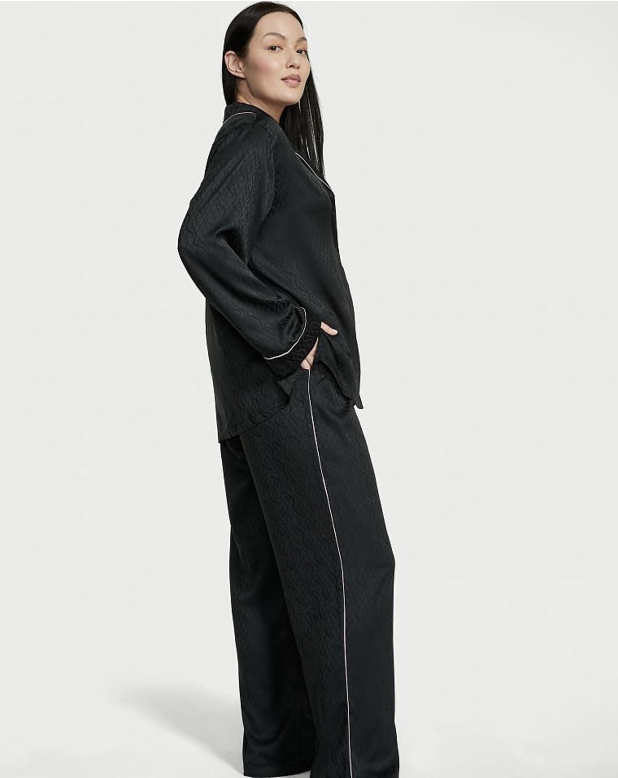 ПІЖАМА САТИН VICTORIA'S SECRET LONG PJ SET, BLACK LOGO