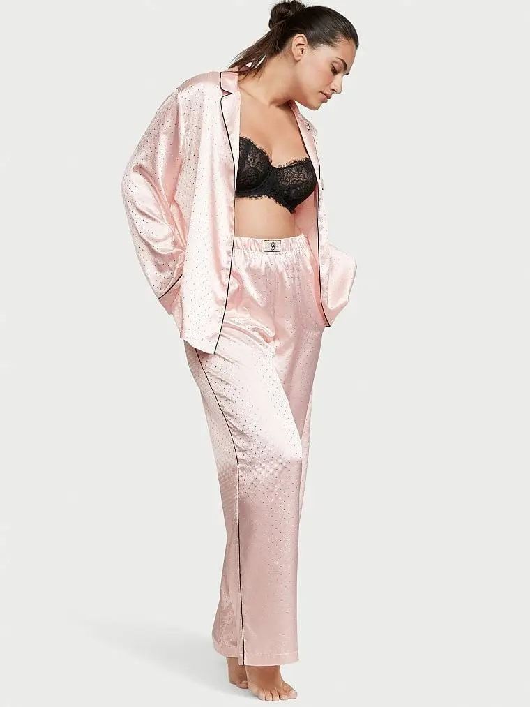 Сатинова Піжама Victoria's Secret Satin Long Pajama Set, Рожева зі стразами