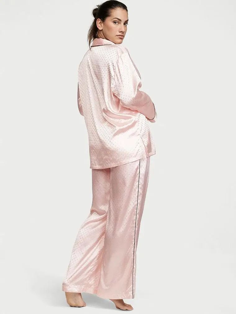 Сатинова Піжама Victoria's Secret Satin Long Pajama Set, Рожева зі стразами