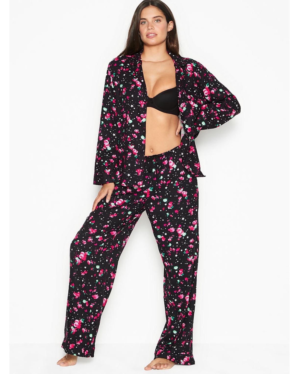 Фланелева Піжама VICTORIA'S SECRET FLANNEL LONG PJ SET BLACK STARRY FLORAL