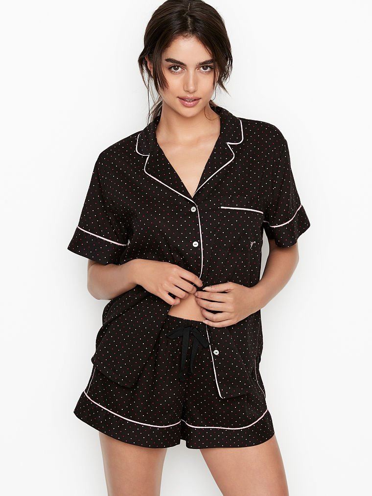 бавовняна піжама VICTORIA’S SECRET COTTON SHORT PJ SET BLACK MINI DOT