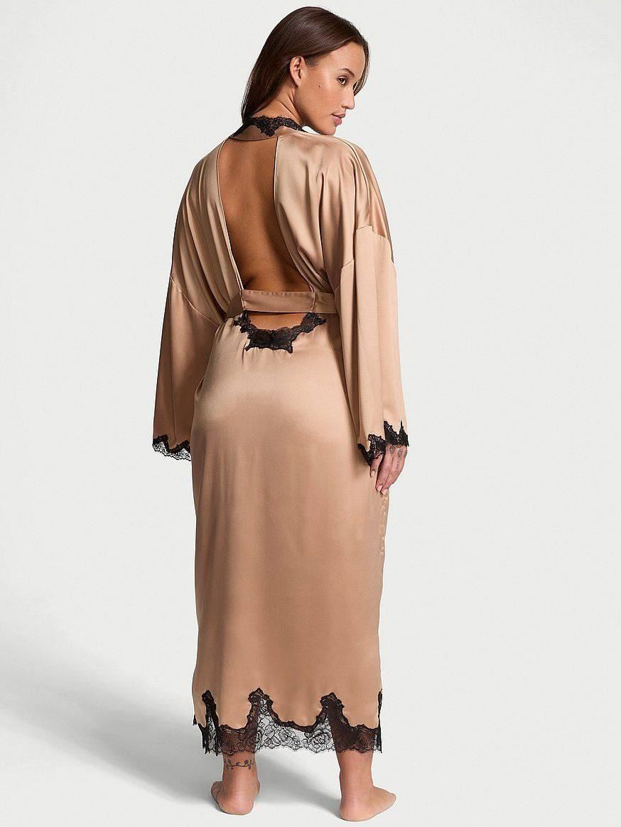 Сатиновий халат Victoria's Secret Satin & Rose Lace Open-Back Long Robe