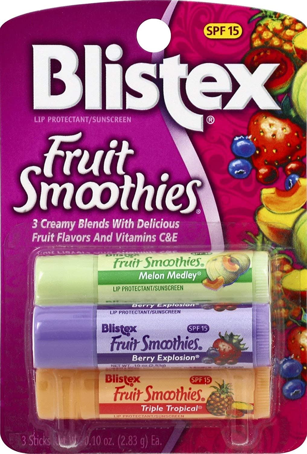 Набір фруктових бальзамів для губ Blistex, Lip Protectant/Sunscreen, SPF 15, Fruit Smoothies, 3 Sticks