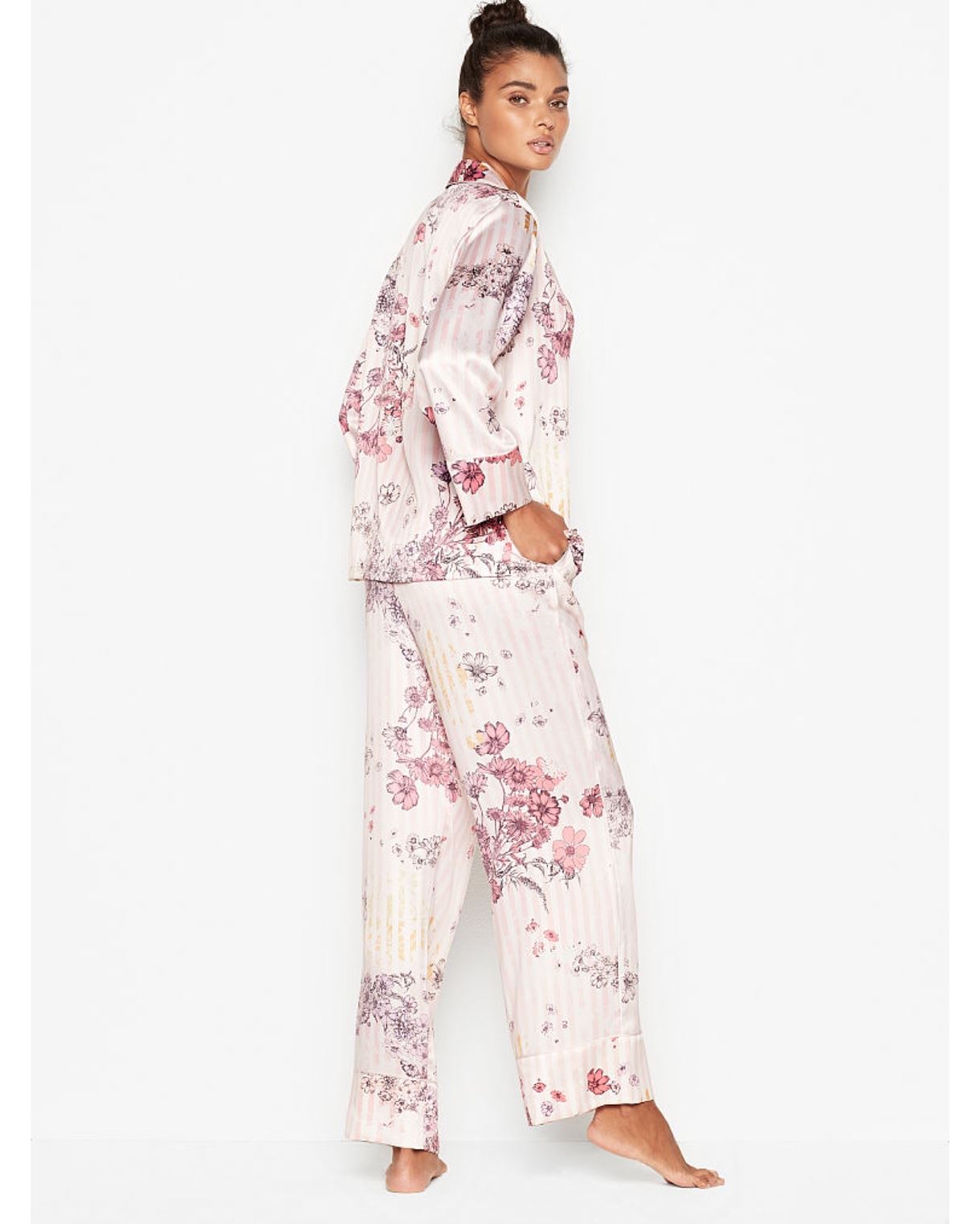 Сатинова піжама VICTORIA’S SECRET THE SATIN LONG PJ SET LIGHT PINK FLORAL STRIPES