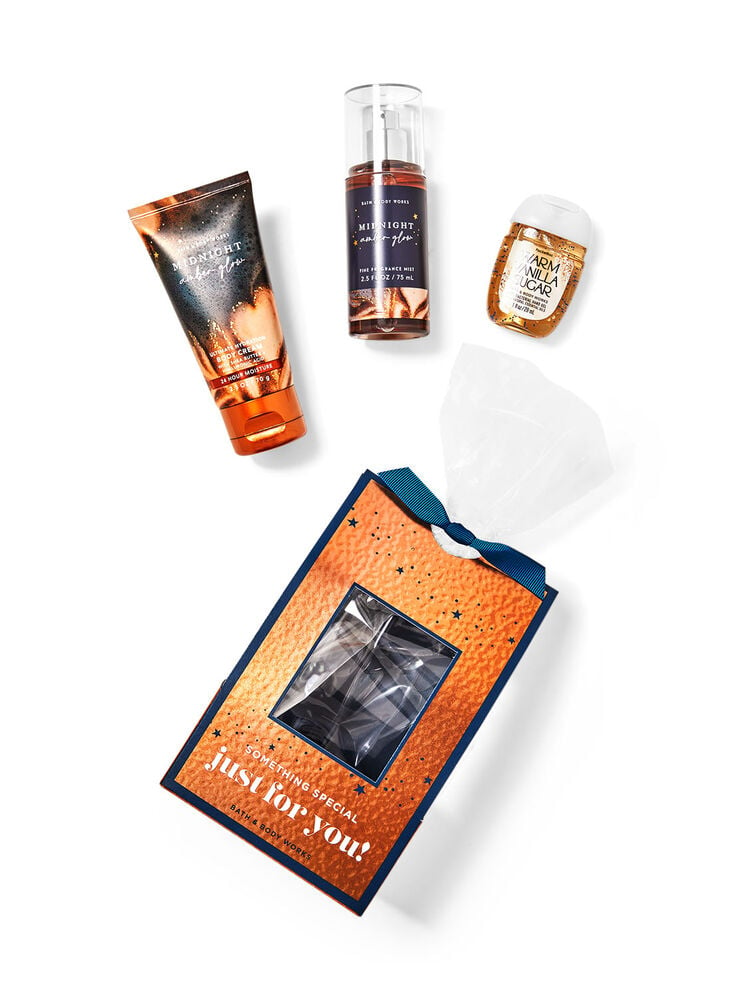 Подарунковий набір Bath and body works - Midnight Amber Glow Mini Gift Set (парфумований спрей для тіла (75 мл), крем для тіла (70 мл), санітайзер (29 мл)