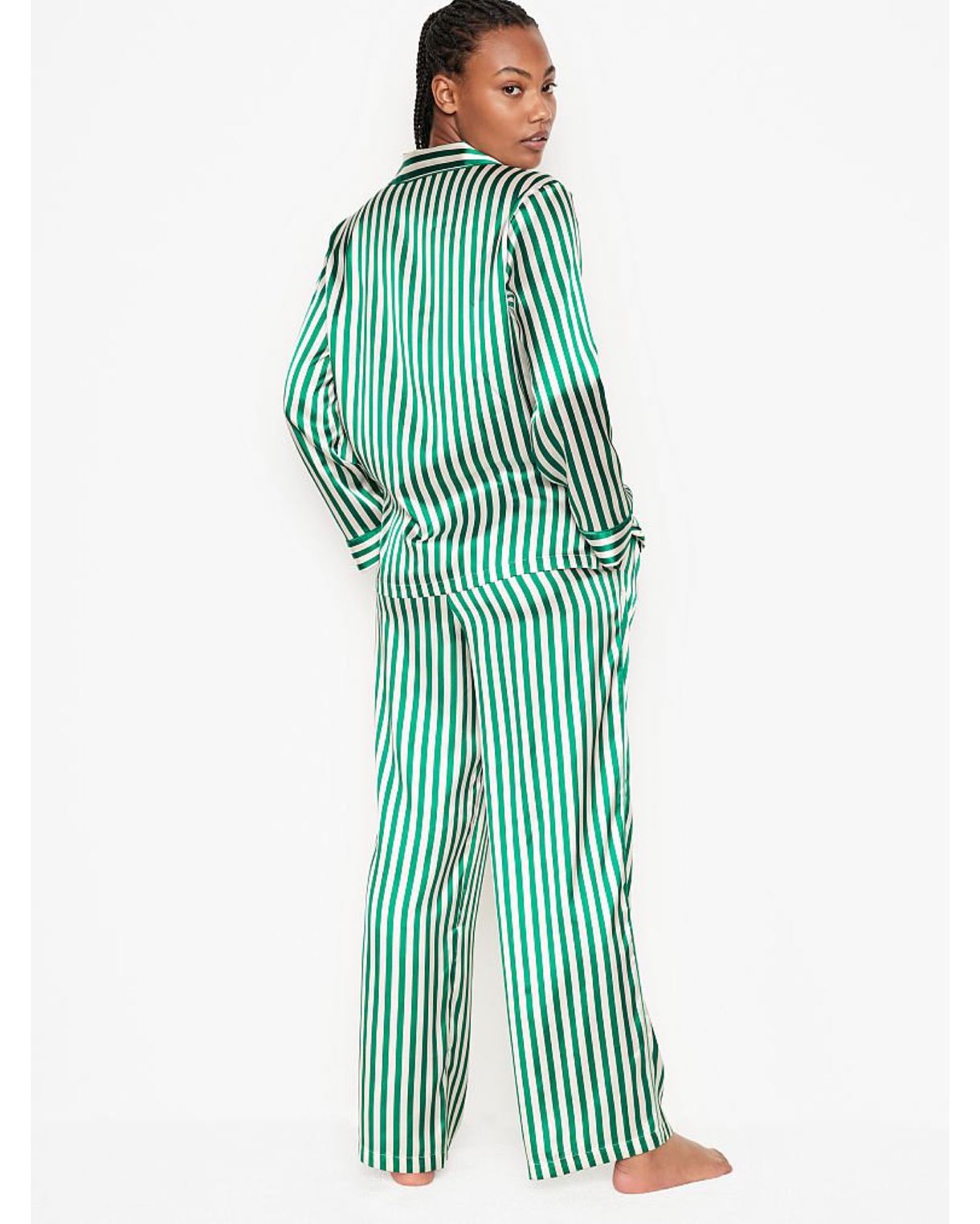 Сатинова піжама VICTORIA’S SECRET THE SATIN LONG PJ SET Rainforest Green Stripe