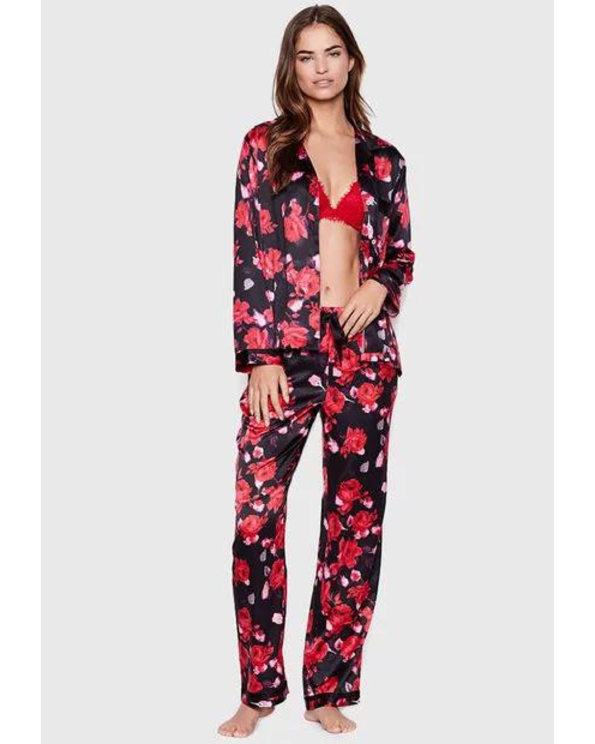 Сатинова піжама VICTORIA’S SECRET THE SATIN LONG PJ SET BLACK FLORAL PRINT