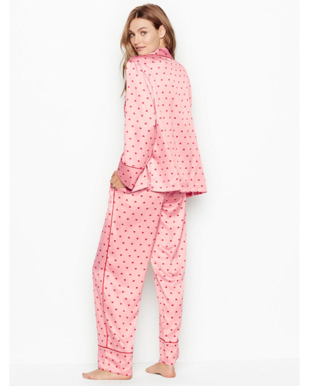 Сатинова піжама VICTORIA’S SECRET SATIN LONG PJ SET PINK WITH RED HEARTS