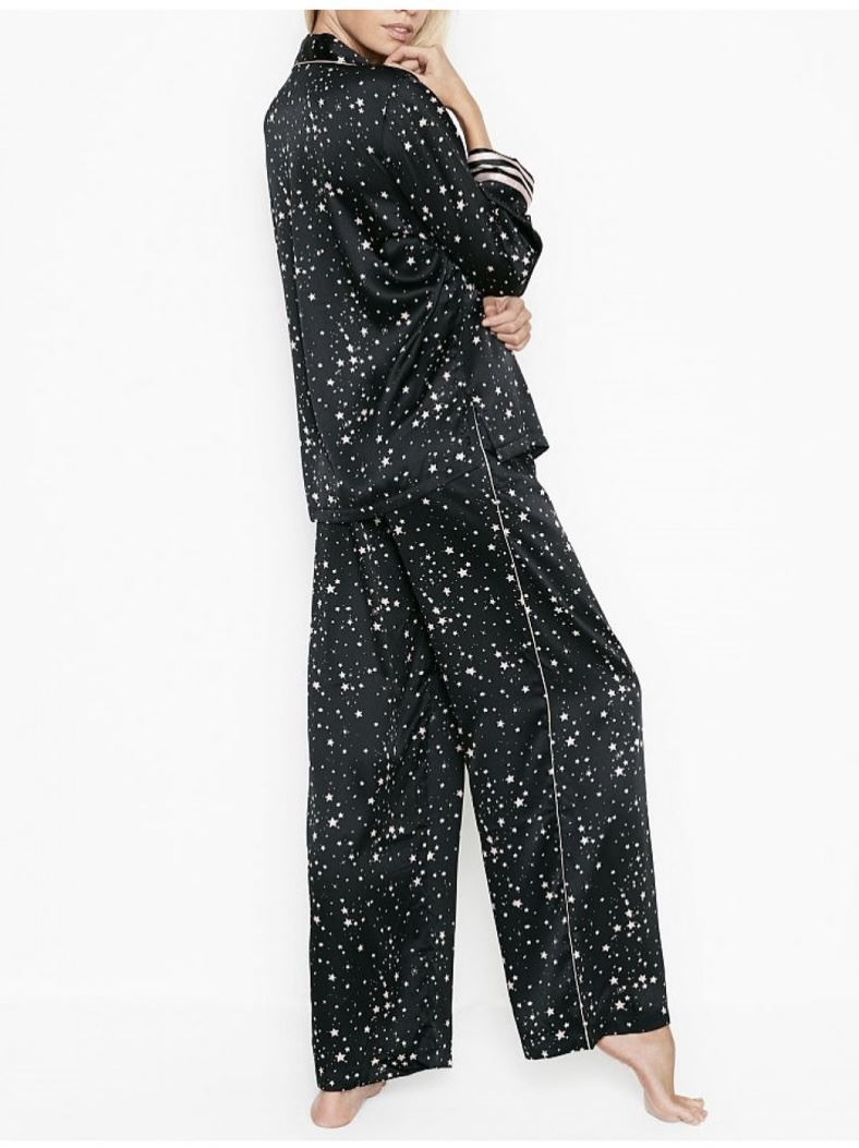 Сатинова піжама VICTORIAS SECRET SATIN LONG PJ SET PRINT BLACK STARS