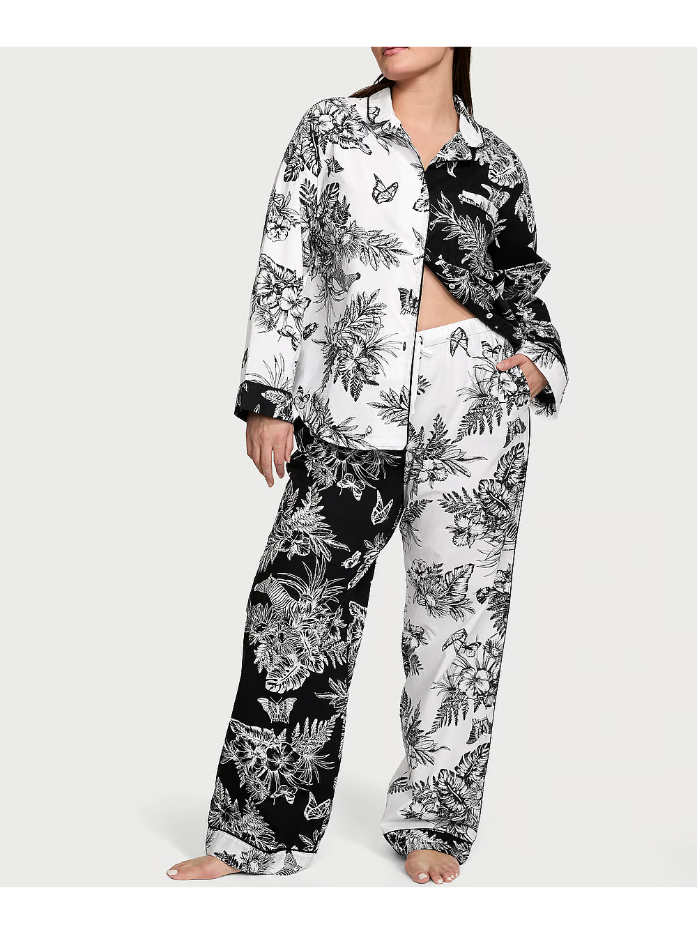 Піжама Cotton Long Pajama Set Black & White Tropical Toile
