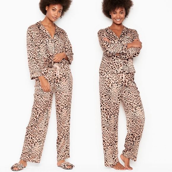 Піжама Victoria’s Secret Satin Long Pajama Set Champagne Leopard Print